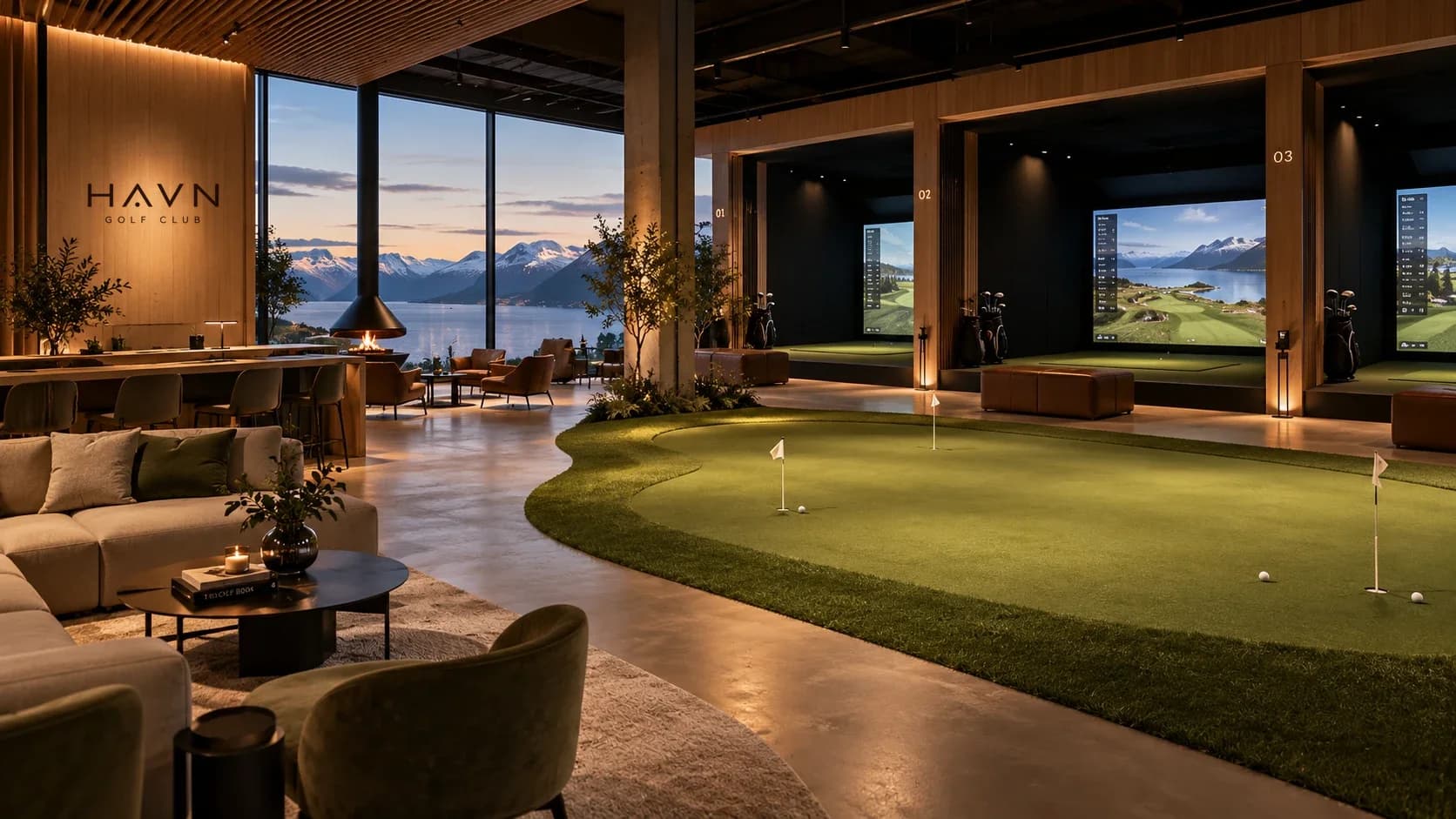 Concept render of a long-term HAVN clubhouse: a contoured indoor putting green with warm oak walls, a window seat facing a fjord, a fireplace in the next room and member golf lockers.